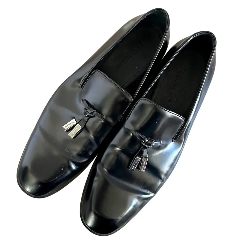 $1150 Salvatore Ferragamo Men's Black Metal Tassel Knot Loafer Shoes Size 12 EUC